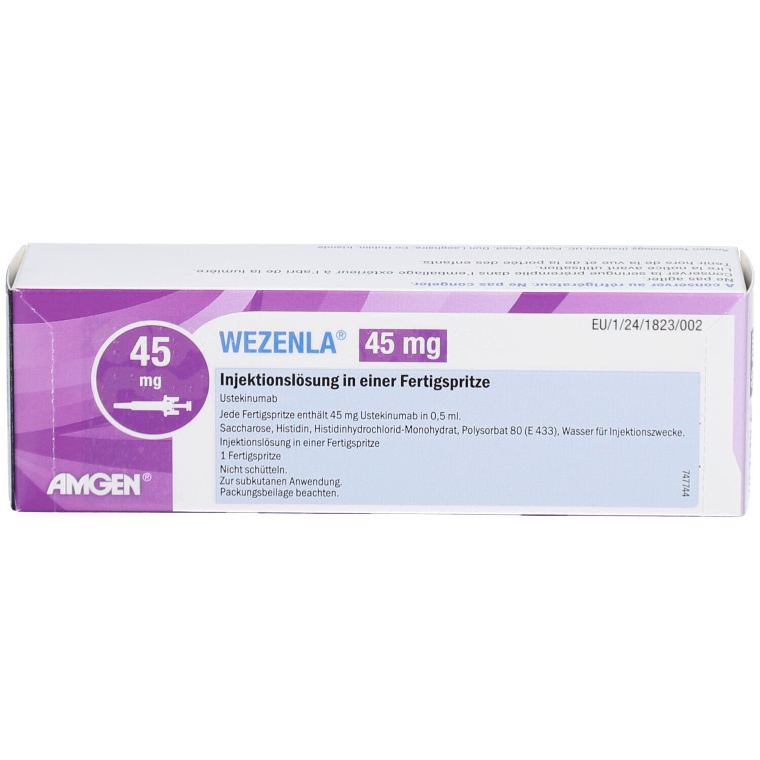 WEZENLA 45 mg Injektionslösung in Fertigspritze. Weiße Schachtel mit lila Akzenten. Produktname und Dosierung sichtbar.