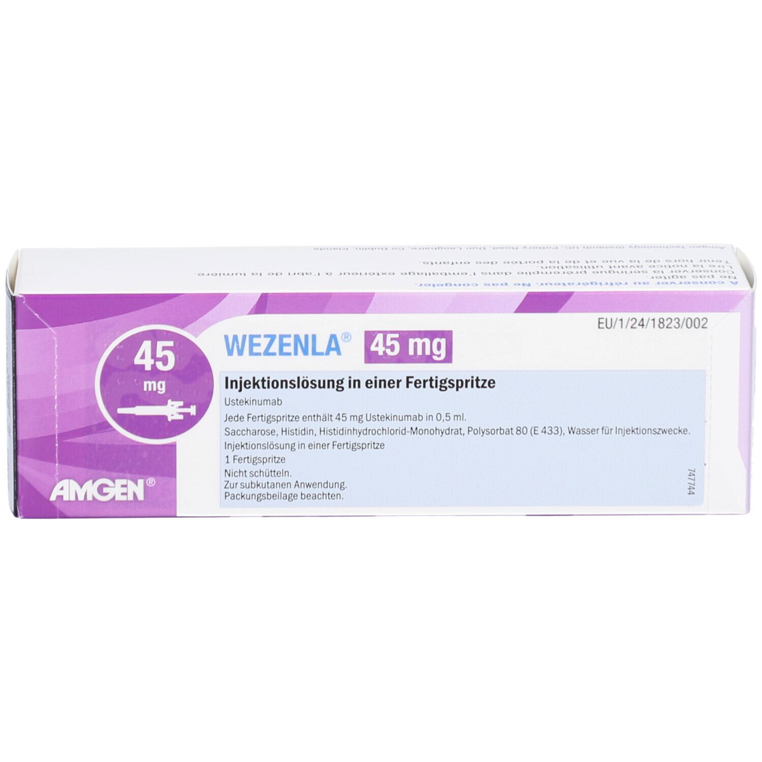 WEZENLA 45 mg Injektionslösung in Fertigspritze. Weiße Schachtel mit lila Akzenten. Produktname und Dosierung sichtbar.