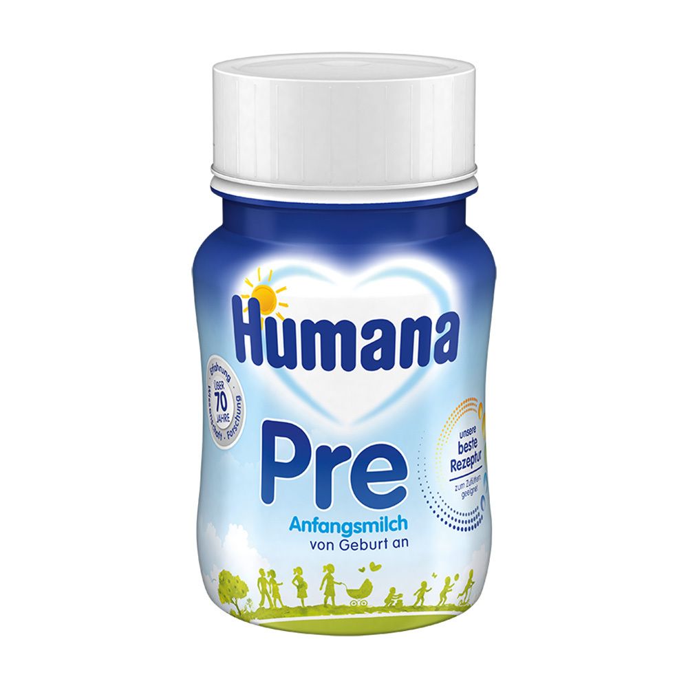 Blau-weiße Flasche mit Humana Pre Anfangsmilch. Weißer Deckel. Logo, Herz, Text. Illustration von Kindern.