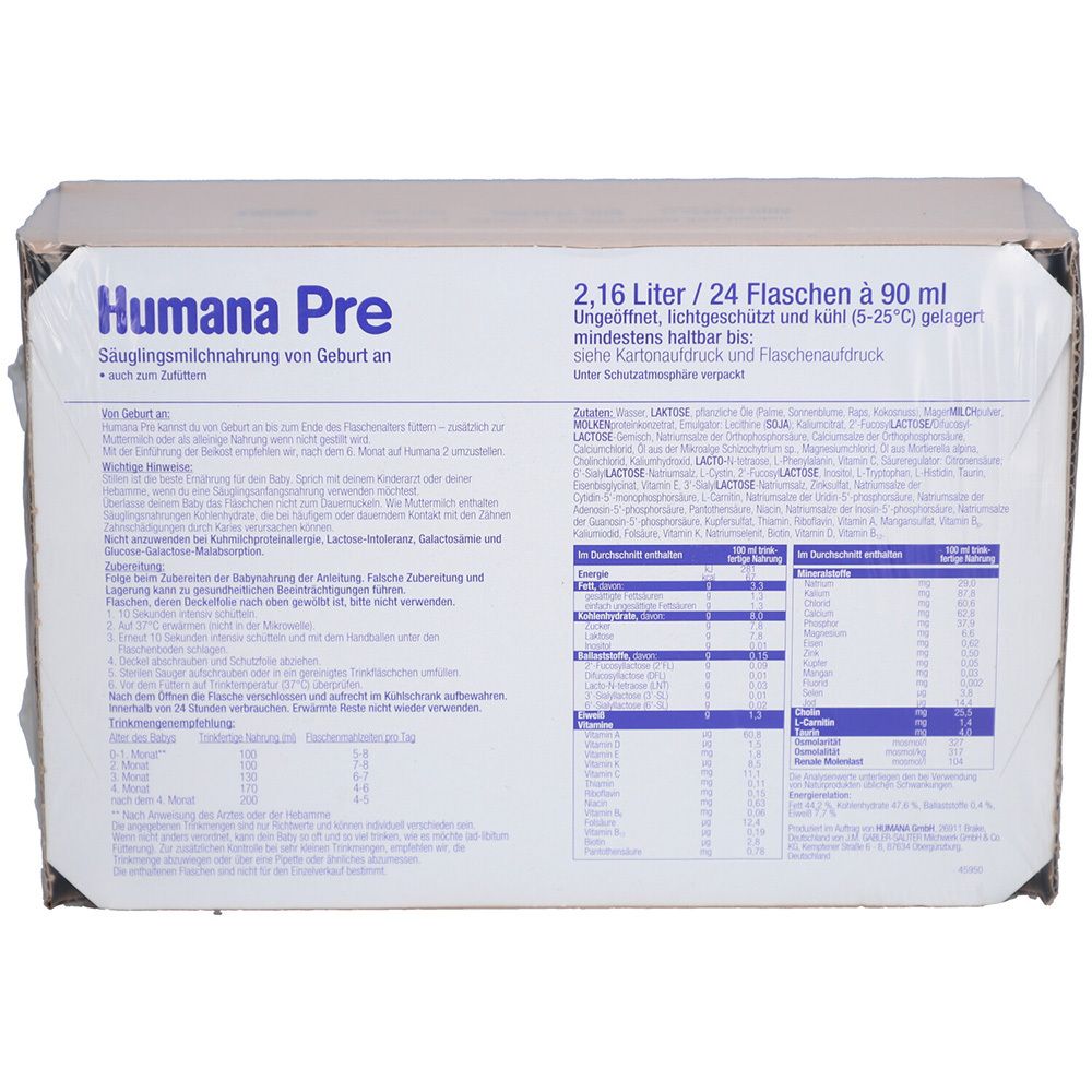 Kartonverpackung von Humana Pre Säuglingsmilchnahrung. Text in Deutsch, mit Nährwertangaben und Inhaltsstoffen.