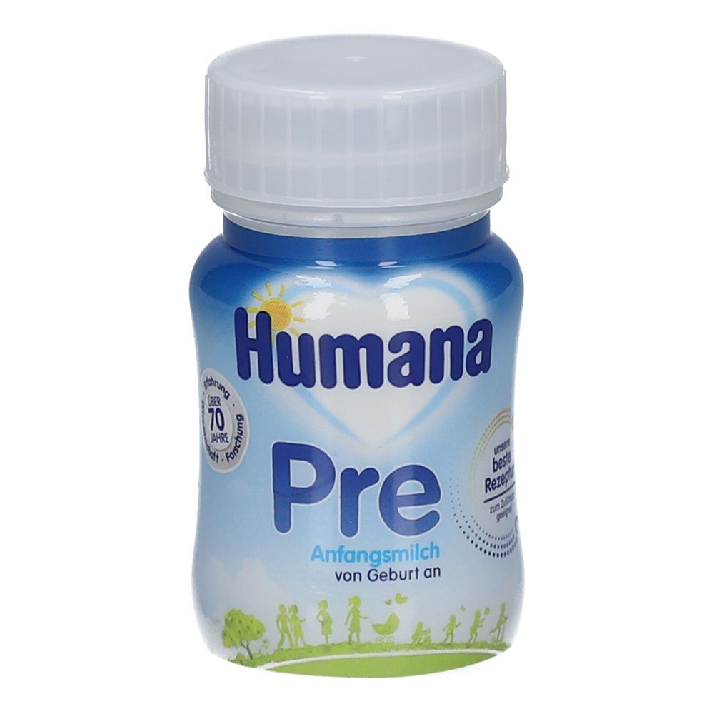 Humana Pre Anfangsmilch trinkfertig Flasche. Blau-weißes Design, mit Logo und Text. Weißer Deckel.