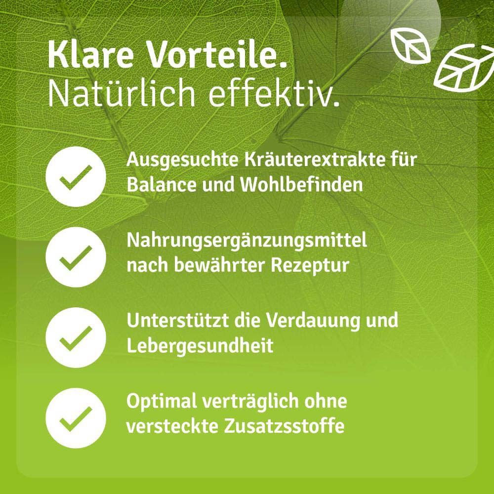 Produktflasche mit Text: "Klare Vorteile. Natürlich effektiv". Ausgewählte Kräuterextrakte, Nahrungsergänzungsmittel.