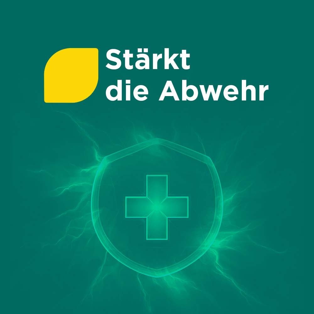Text auf grünem Hintergrund: Stärkt die Abwehr. Abbildung eines Schildes mit einem Kreuz.