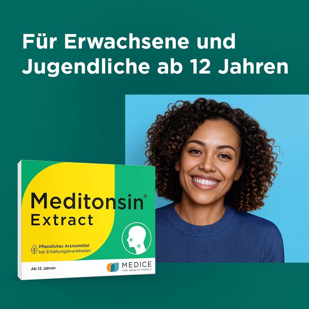 Frau lächelt. Neben ihr: Packung Meditonsin® Extract. Text: Für Erwachsene und Jugendliche ab 12 Jahren.