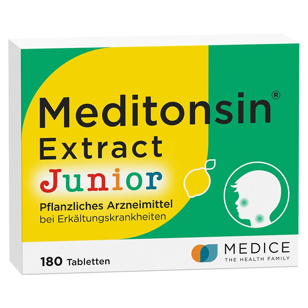 Schachtel Meditonsin® Extract Junior. Grün-gelbes Design. Aufschrift: 180 Tabletten. Logo: Kind-Profil. Hersteller: MEDICE.