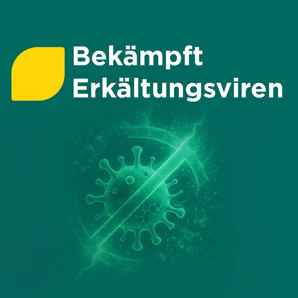 Text: Bekämpft Erkältungsviren. Grafik: Virus in einem durchgestrichenen Kreis.