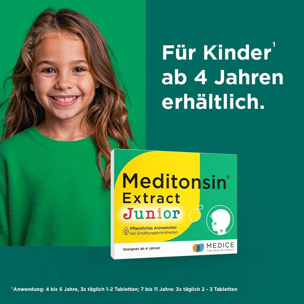 Mädchen lächelt. Packung Meditonsin® Extract Junior. Text: Für Kinder ab 4 Jahren erhältlich.