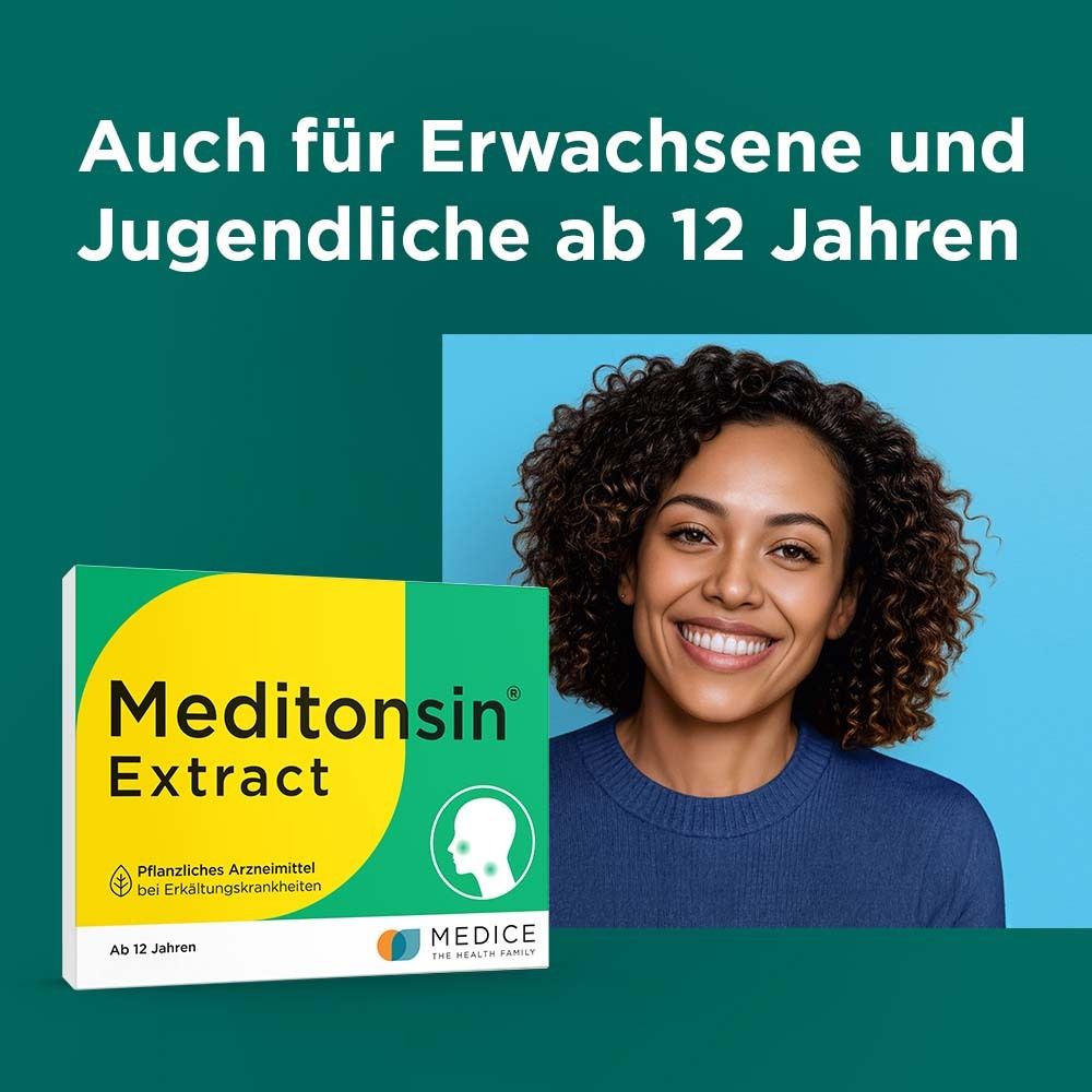 Frau lächelt. Packung Meditonsin® Extract. Text: Auch für Erwachsene und Jugendliche ab 12 Jahren.