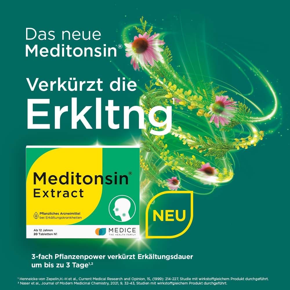 Packung Meditonsin® Extract. Text: Verkürzt die Erkältung. Neu-Label. 3-fach Pflanzenpower.