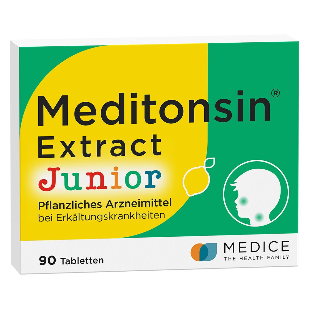 Schachtel mit Meditonsin Extract Junior. Gelber Kreis mit Schriftzug, grüne und weiße Flächen. 90 Tabletten.