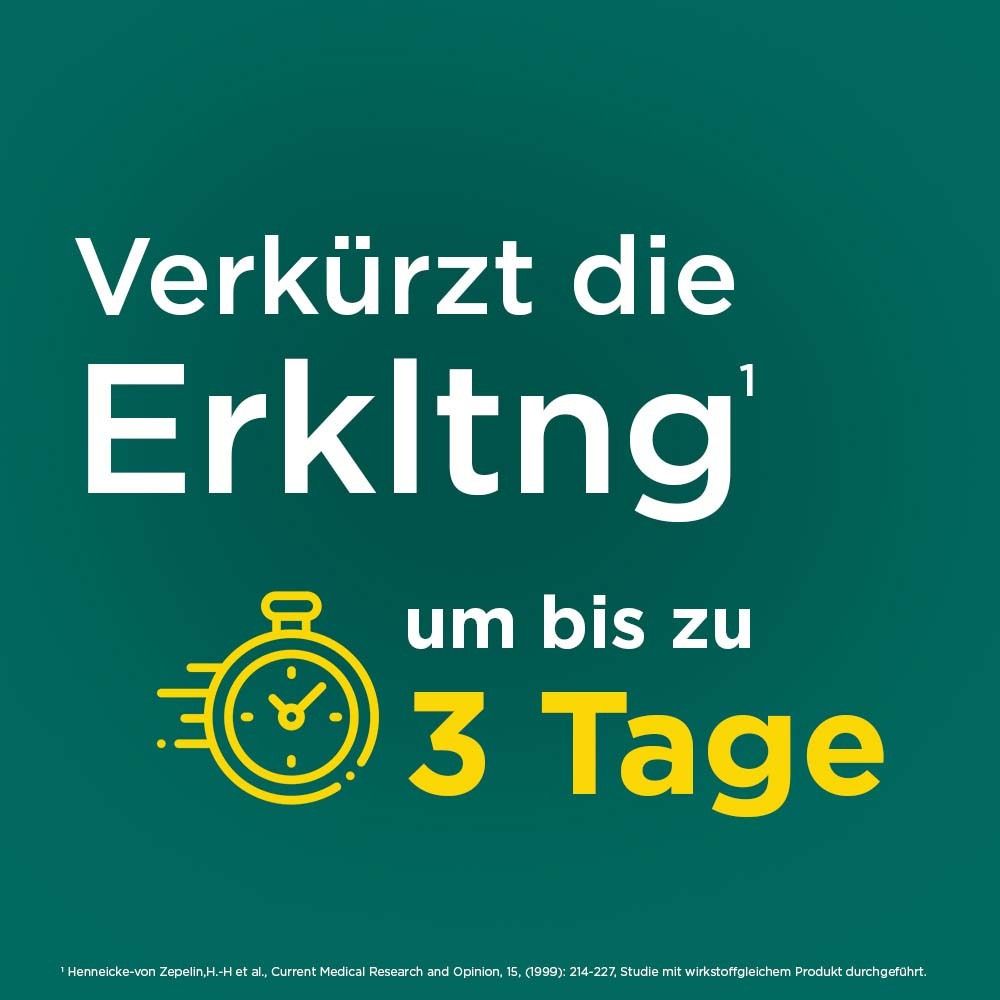 Text auf grünem Hintergrund: Verkürzt die Erkältung um bis zu 3 Tage. Gelbe Uhr-Illustration.