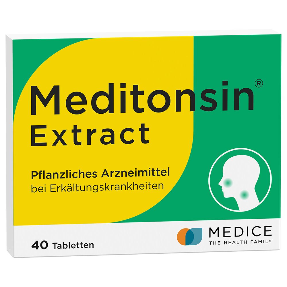 Schachtel mit Meditonsin® Extract. Grün-gelbe Verpackung mit Produktnamen und Logo. 40 Tabletten.