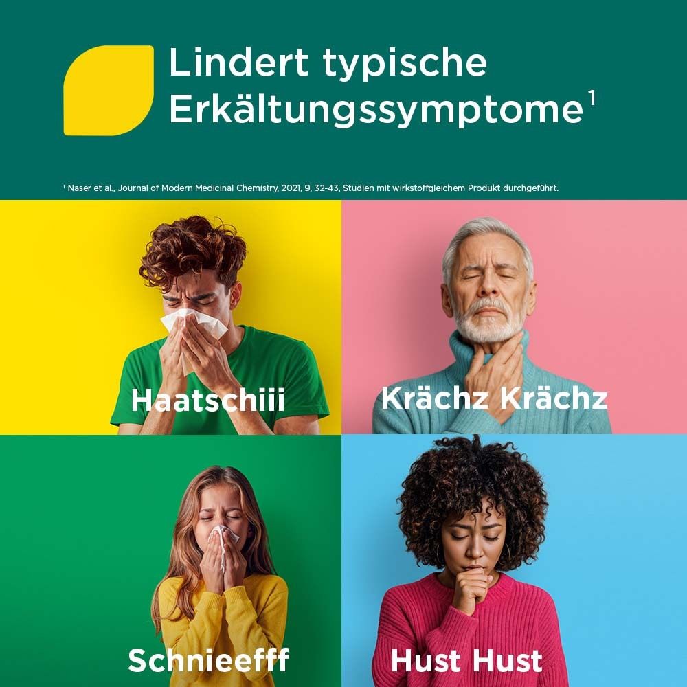 Vier Bilder von Personen mit Erkältungssymptomen. Text: Lindert typische Erkältungssymptome.