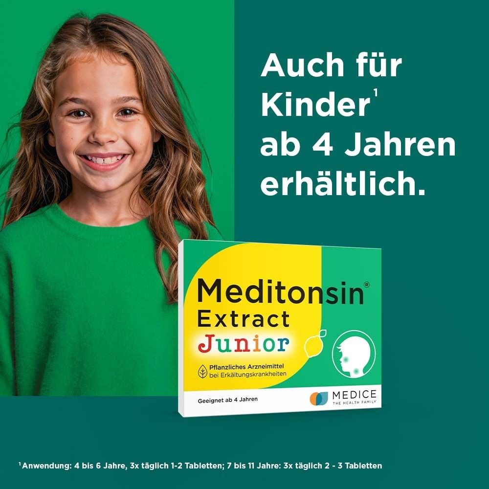 Mädchen mit Meditonsin® Extract Junior Packung. Text: Auch für Kinder ab 4 Jahren erhältlich.