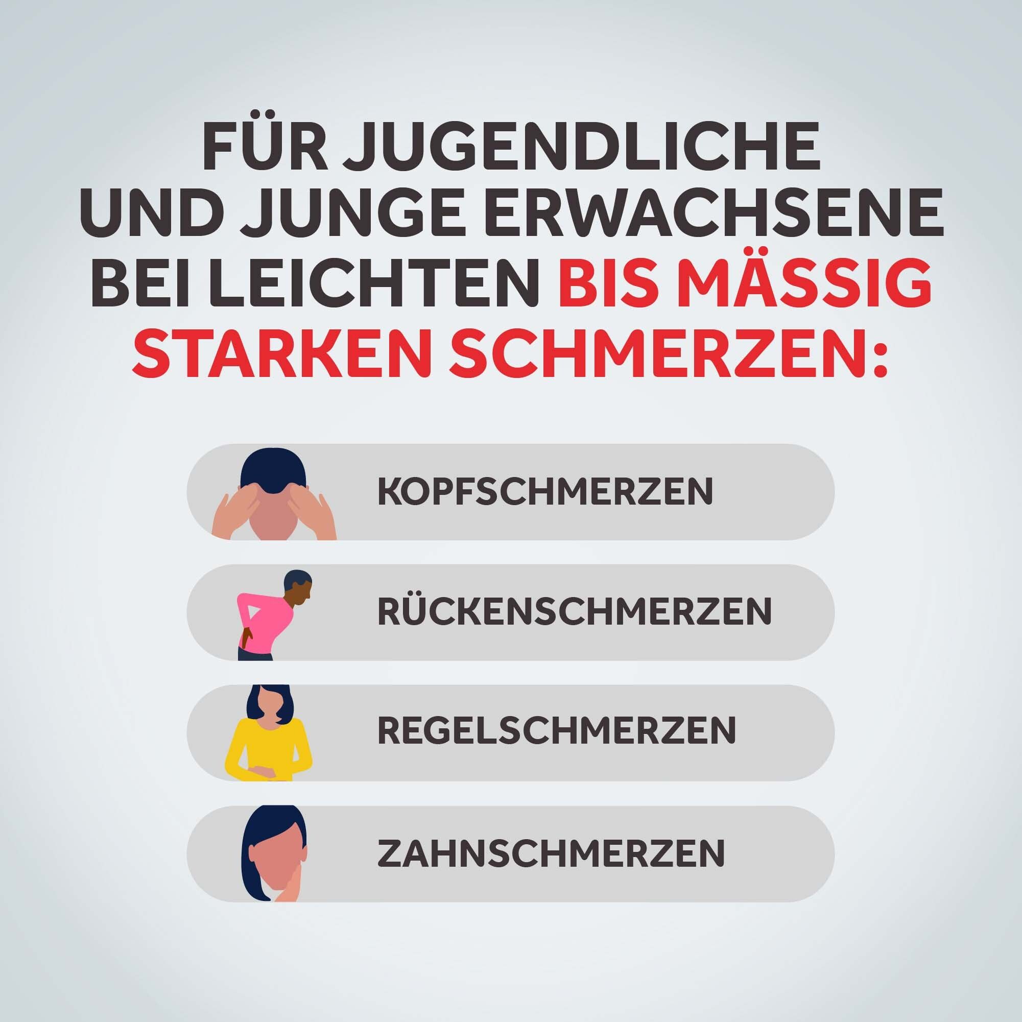 NUROFEN für Jugendliche und junge Erwachsene bei leichten bis mäßig starken Schmerzen: Kopf-, Rücken-, Regel-, Zahnschmerzen.