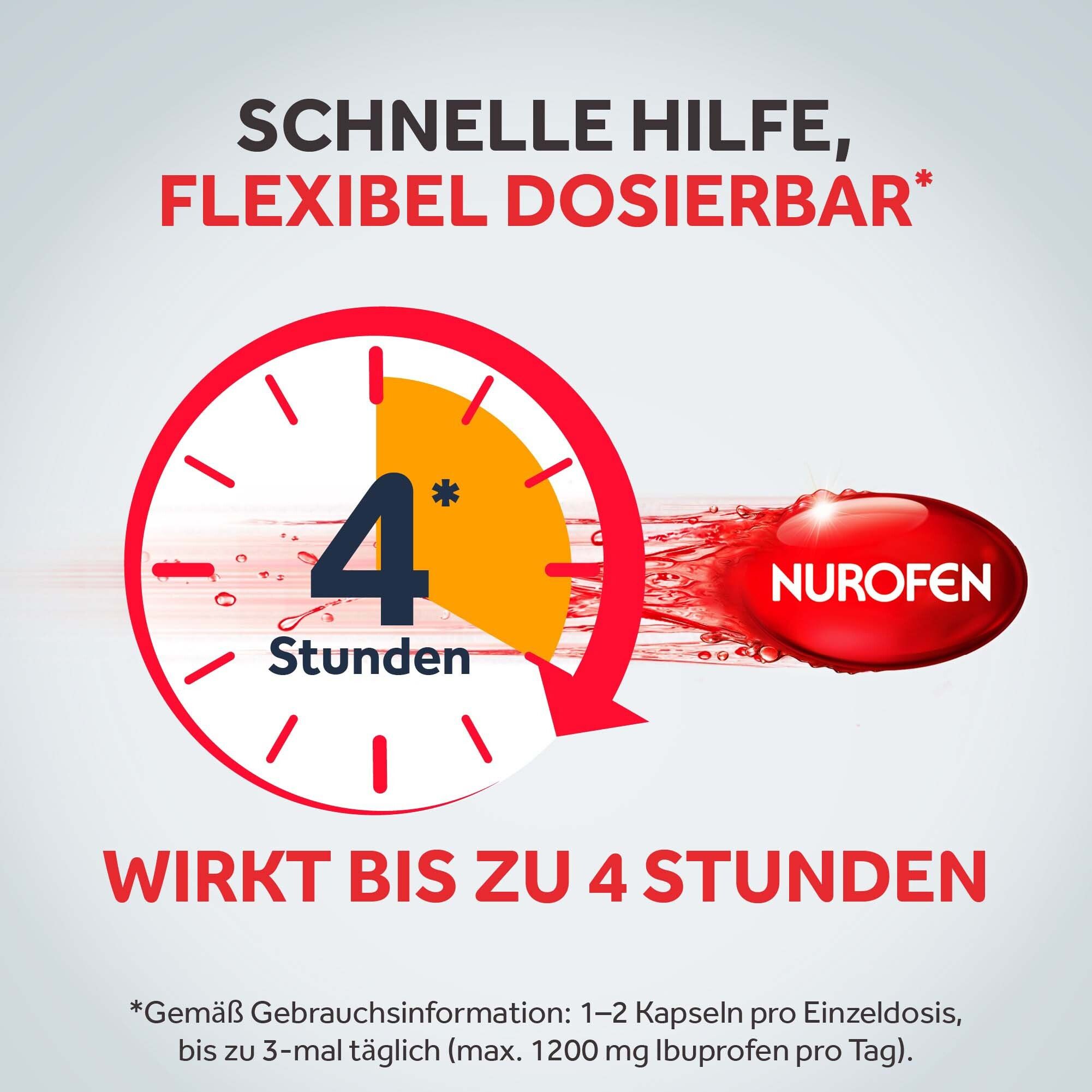 NUROFEN: Schnelle Hilfe, flexibel dosierbar. Wirkt bis zu 4 Stunden. Weichkapsel mit "NUROFEN"-Schriftzug.