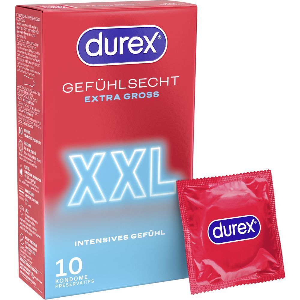 Packung mit Kondomen. Rote Verpackung mit weißer Schrift. Marke Durex. XXL-Größe, 10 Stück.
