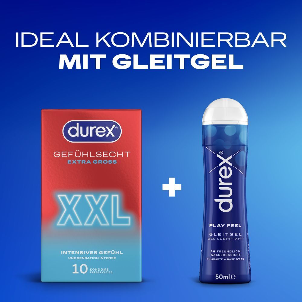 Packung und Gleitgel. Packung: Durex, Gefühlsecht XXL. Gleitgel: Durex Play Feel, 50ml.