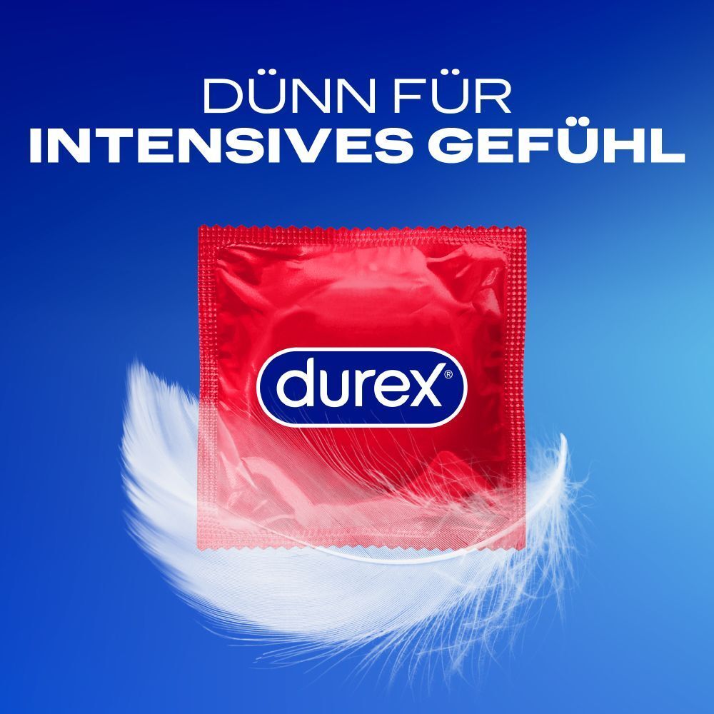 Rote Einzelverpackung Kondom. Marke Durex. Text: Dünn für intensives Gefühl.