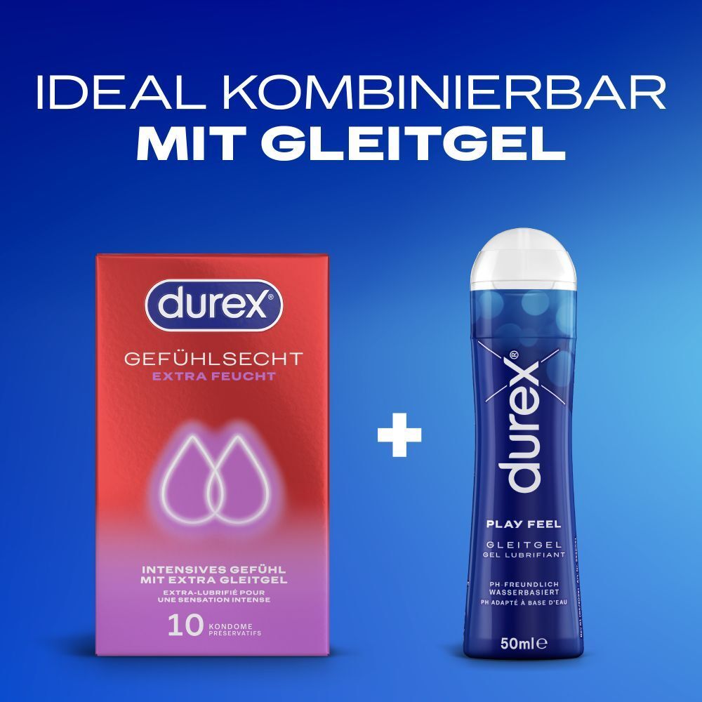 Packung Kondome und Gleitgel. Marke Durex. Text: Ideal kombinierbar mit Gleitgel.