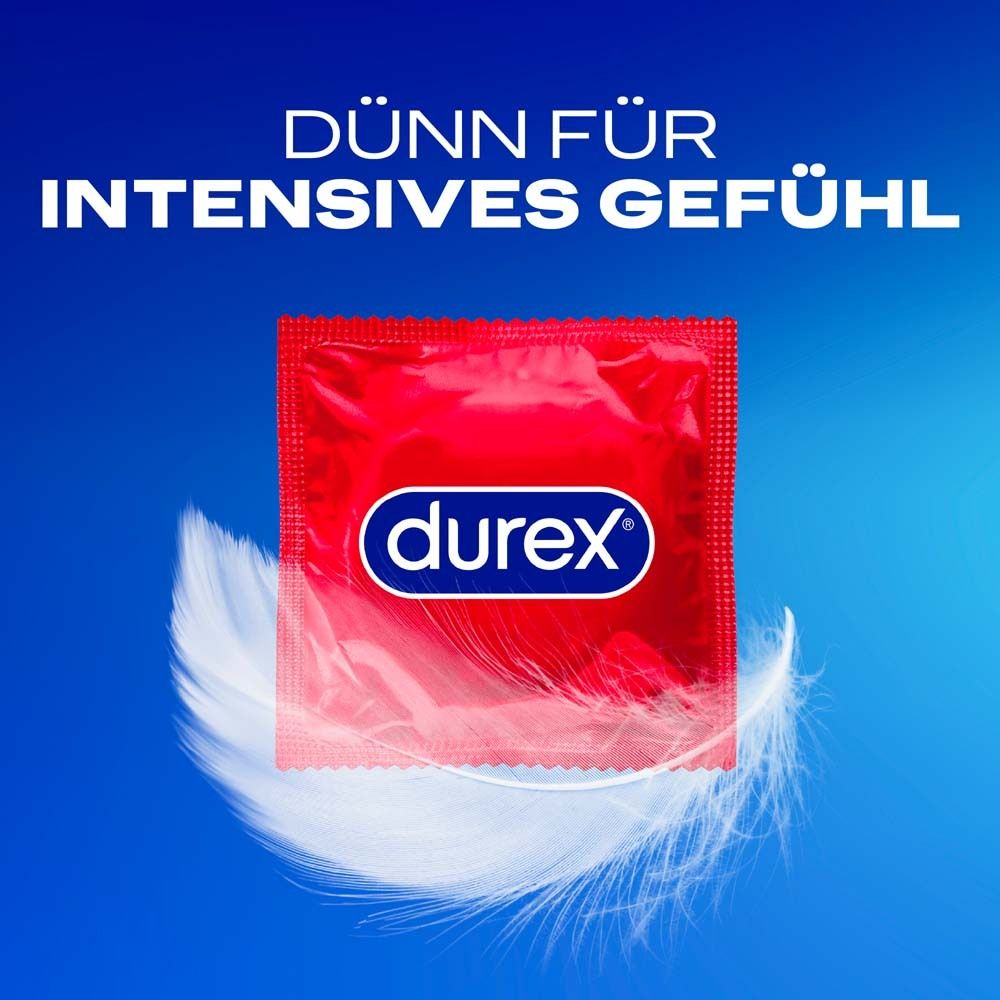 Rotes Kondom in Einzelverpackung. Durex-Logo. Text: Dünn für intensives Gefühl. Feder.