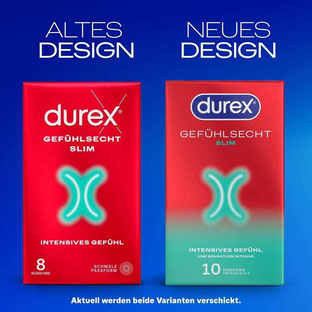 Vergleich: Altes und neues Design der Durex-Verpackung. Rote Verpackung. Text.