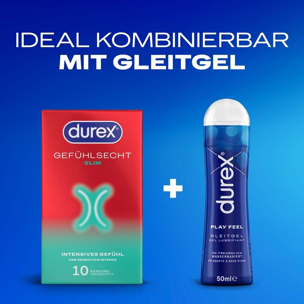 Durex-Verpackung und Gleitgel. Text: Ideal kombinierbar mit Gleitgel. 10 Kondome.