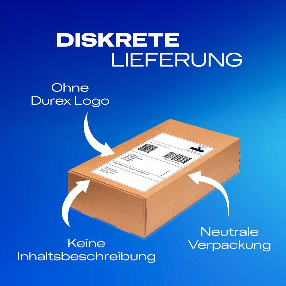 Brauner Versandkarton. Text: Diskrete Lieferung. Ohne Durex-Logo. Neutrale Verpackung.