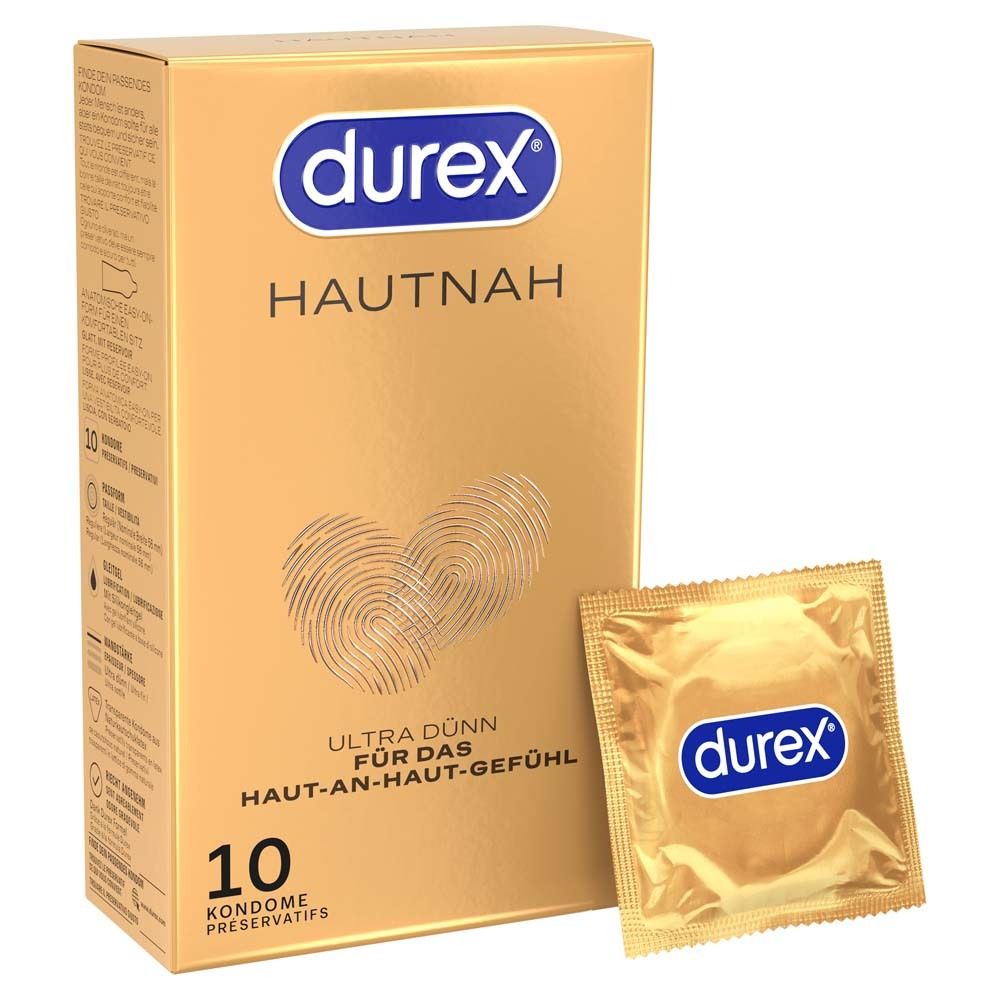Goldfarbene Schachtel und Einzelverpackung. Aufdruck: durex, HAUTNAH, ULTRA DÜNN, 10 Kondome. Fingerabdruck-Design.