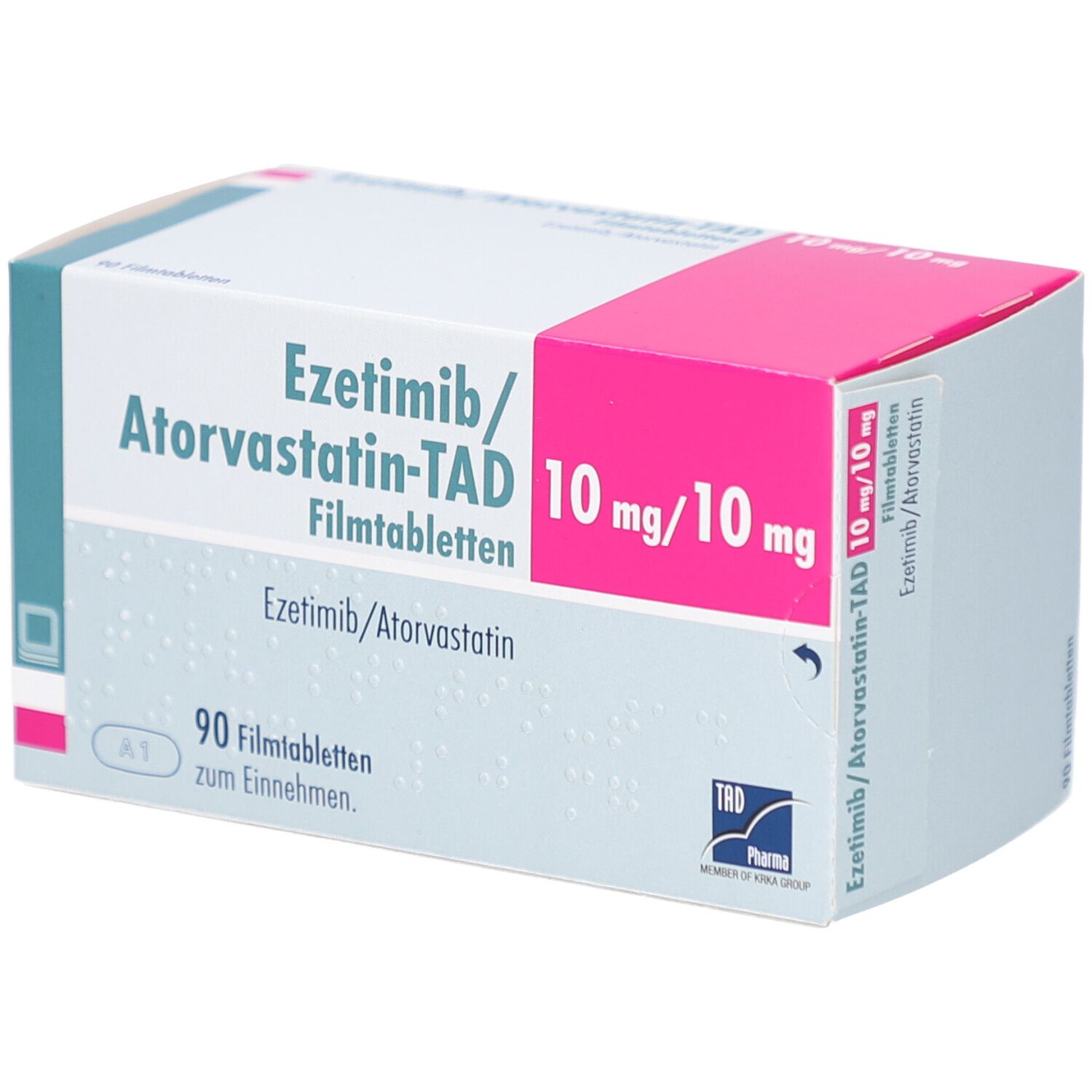 Schachtel mit EZETIMIB/Atorvastatin-TAD Filmtabletten. Aufschrift: 10 mg/10 mg, 90 Filmtabletten. Rosa und weiße Farbgebung.