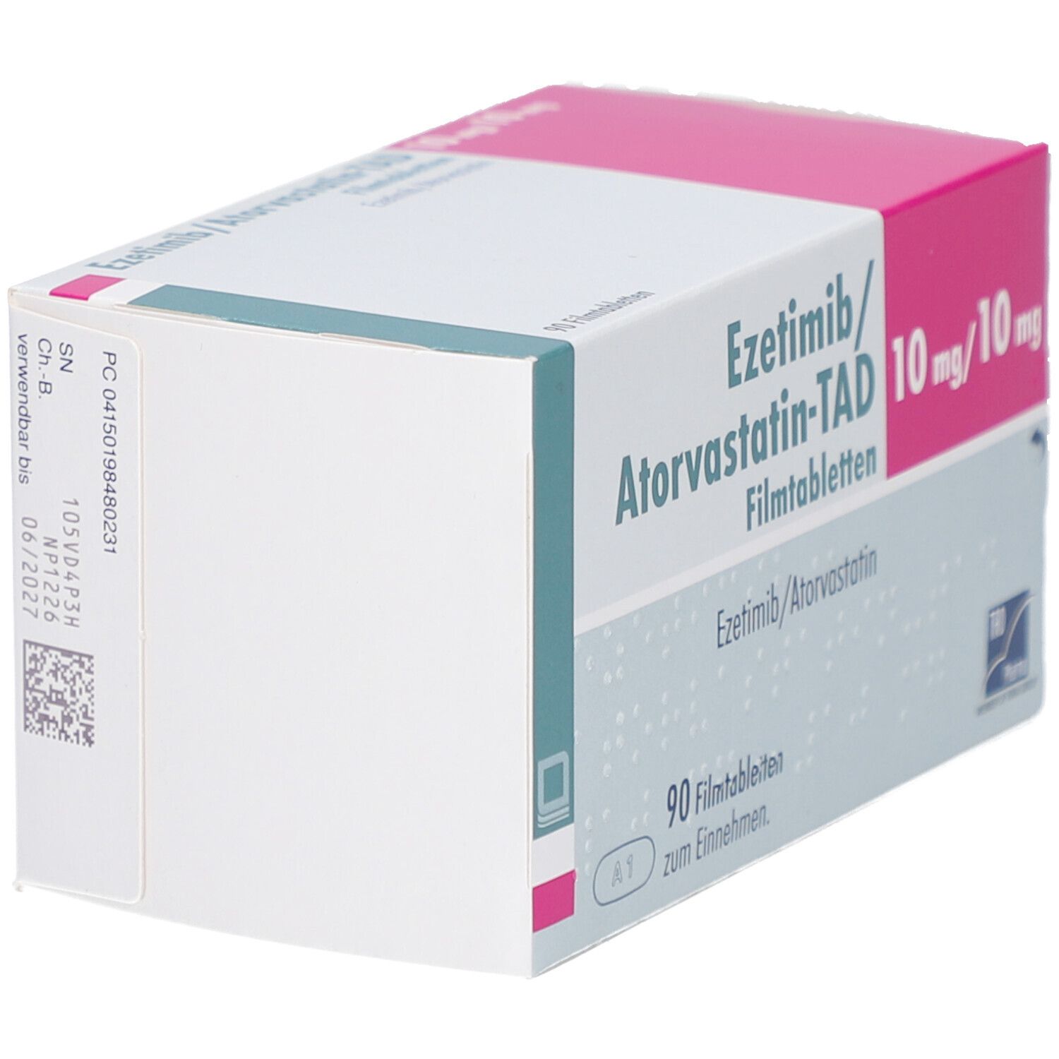 Schachtel mit EZETIMIB/Atorvastatin-TAD Filmtabletten. Seitenansicht. Rosa und weiße Farbgebung. Mit Barcode und Chargennummer.