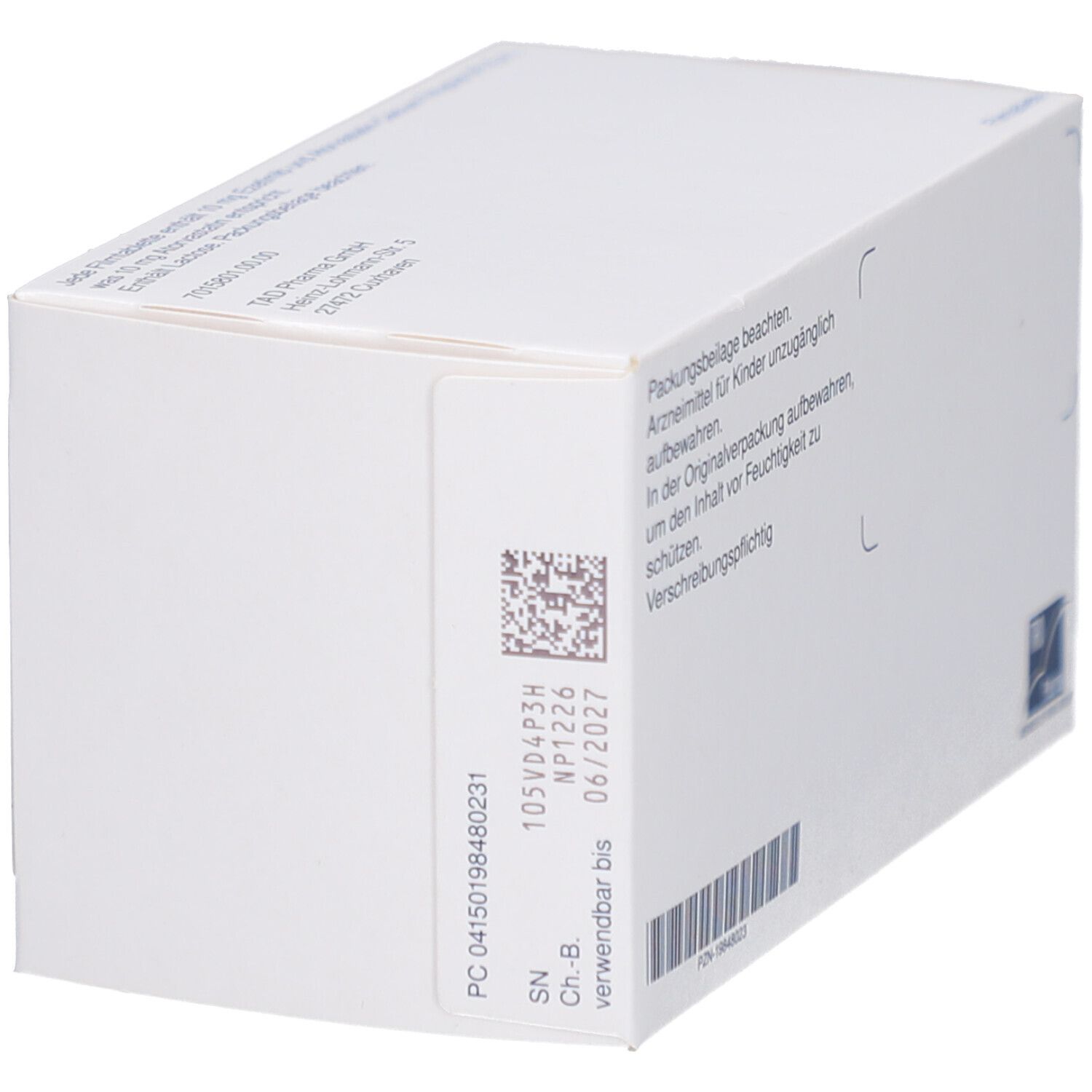 Seitenansicht der Schachtel mit EZETIMIB/Atorvastatin-TAD Filmtabletten. Mit Barcode, Chargennummer und Verfallsdatum.