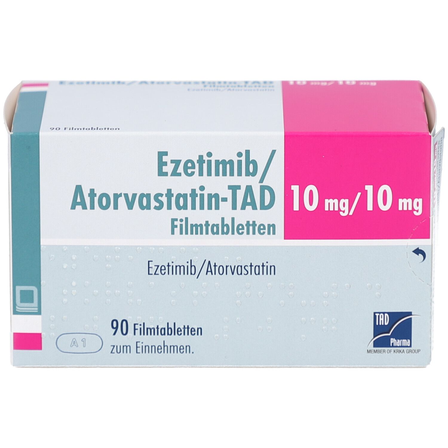 Schachtel mit EZETIMIB/Atorvastatin-TAD Filmtabletten. Aufschrift: 10 mg/10 mg, 90 Filmtabletten. Rosa und weiße Farbgebung.