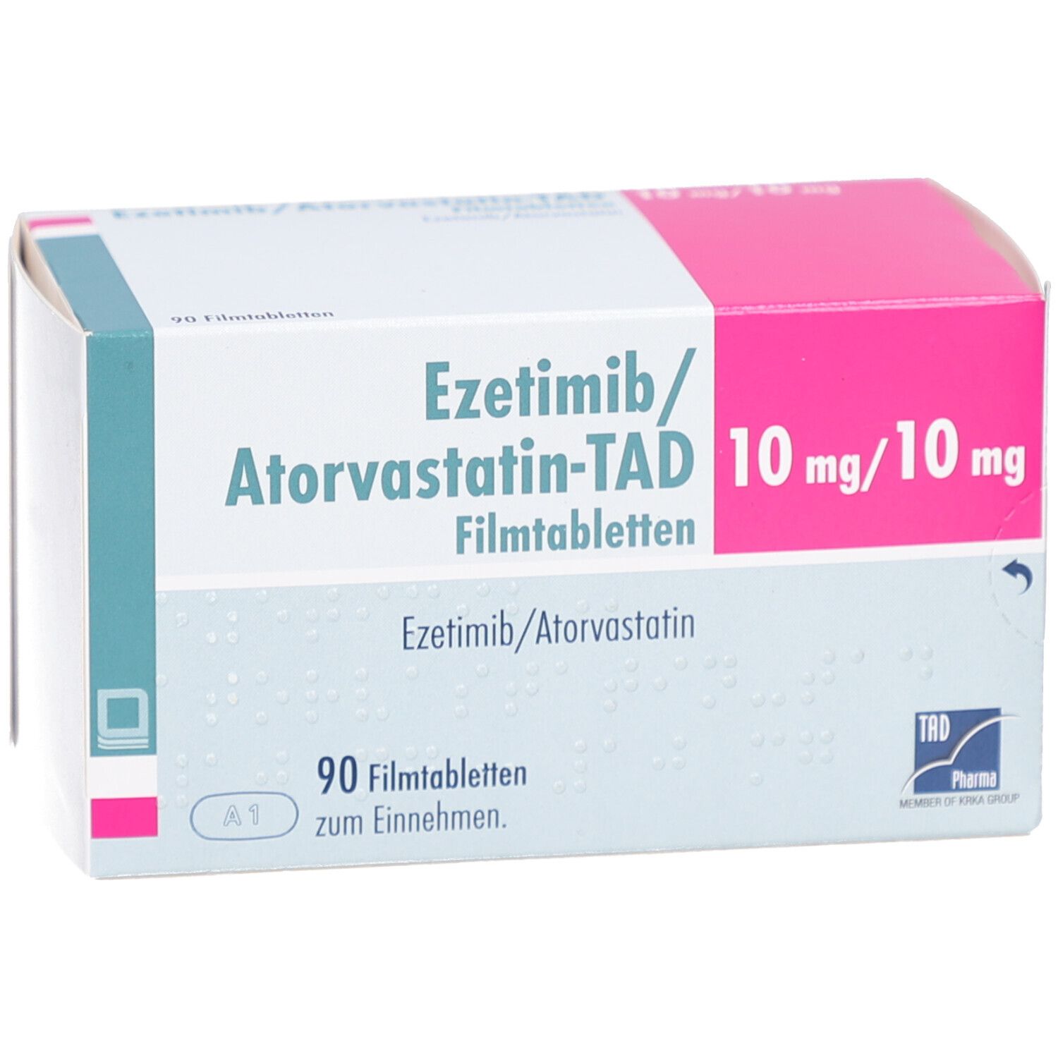 Schachtel mit EZETIMIB/Atorvastatin-TAD Filmtabletten. Aufschrift: 10 mg/10 mg, 90 Filmtabletten. Rosa und weiße Farbgebung.