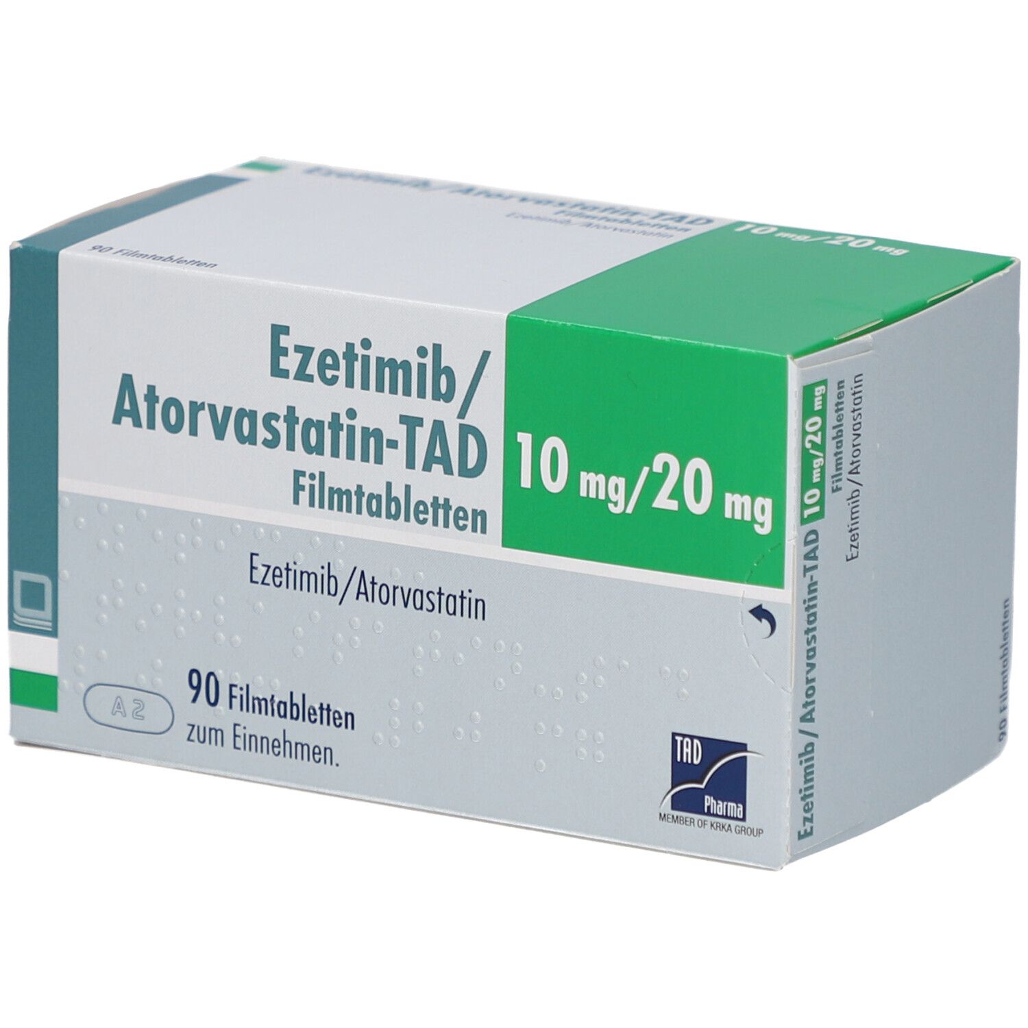 Schachtel mit EZETIMIB/Atorvastatin-TAD 10 mg/20 mg Filmtabl. Aufdruck: 90 Filmtabletten, TRD Pharma Logo.