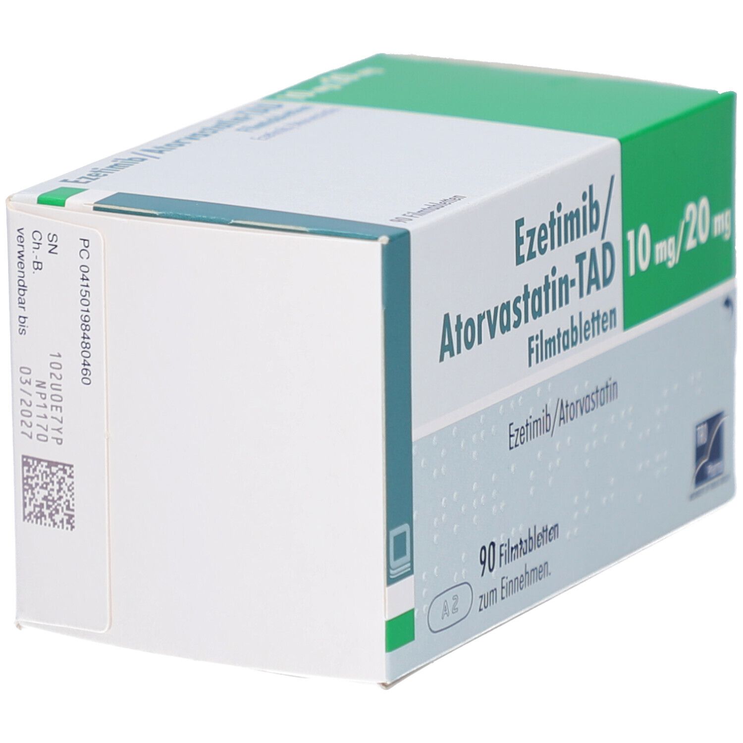 Schachtel von EZETIMIB/Atorvastatin-TAD 10 mg/20 mg Filmtabl. Aufdruck: 90 Filmtabletten, Chargennummer, Verfallsdatum.