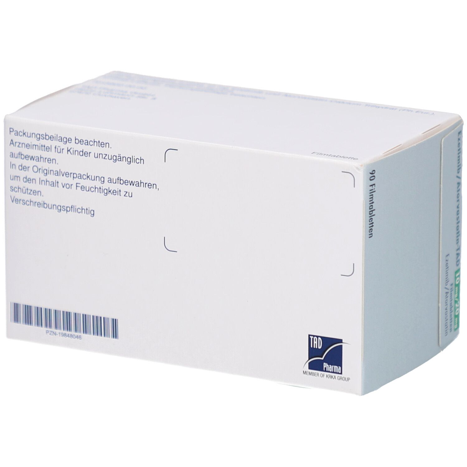 Rückseite der Schachtel von EZETIMIB/Atorvastatin-TAD 10 mg/20 mg Filmtabl. Text: Packungsbeilage beachten.
