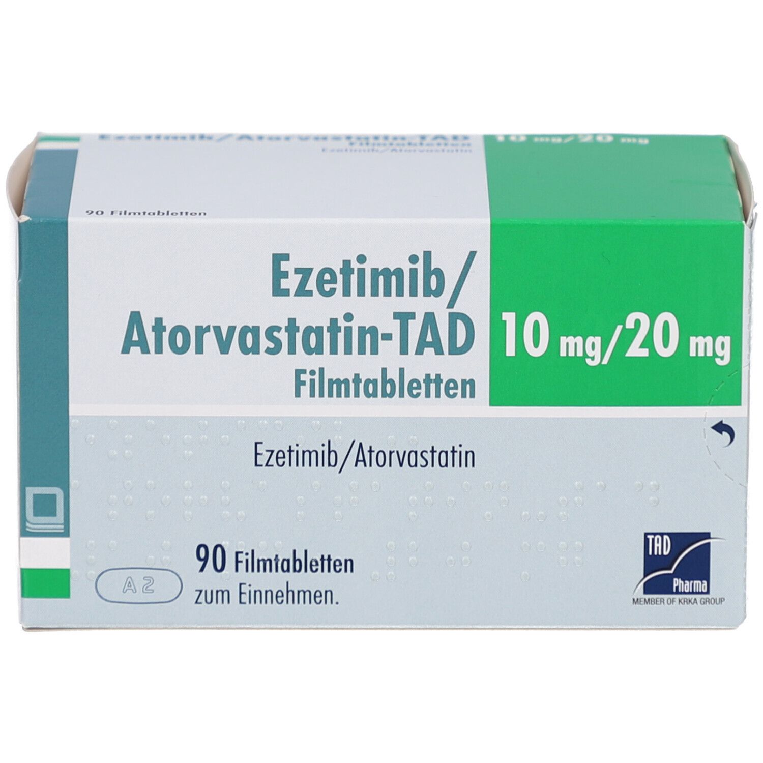 Schachtel mit EZETIMIB/Atorvastatin-TAD 10 mg/20 mg Filmtabl. Aufdruck: 90 Filmtabletten, TRD Pharma Logo.