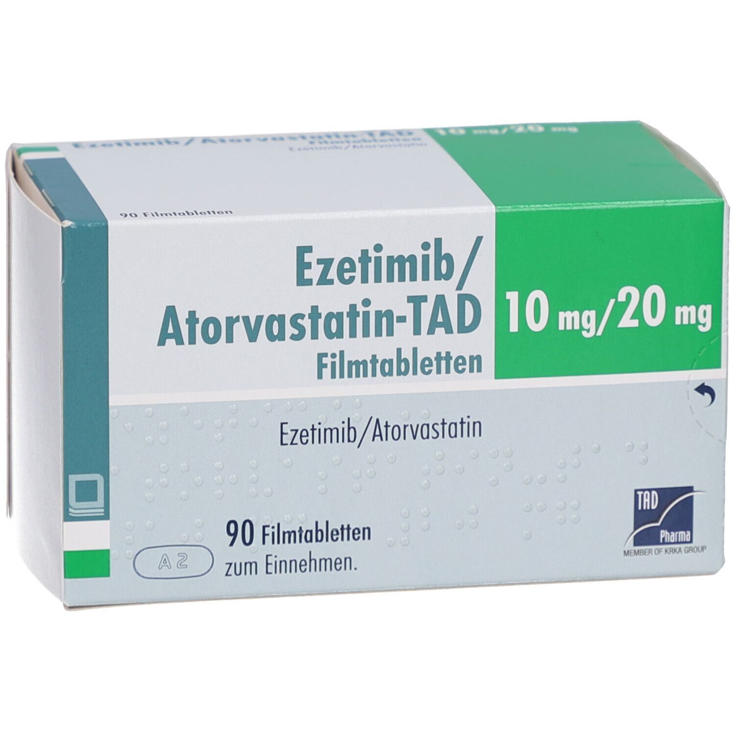 Schachtel mit EZETIMIB/Atorvastatin-TAD 10 mg/20 mg Filmtabl. Aufdruck: 90 Filmtabletten, TRD Pharma Logo.