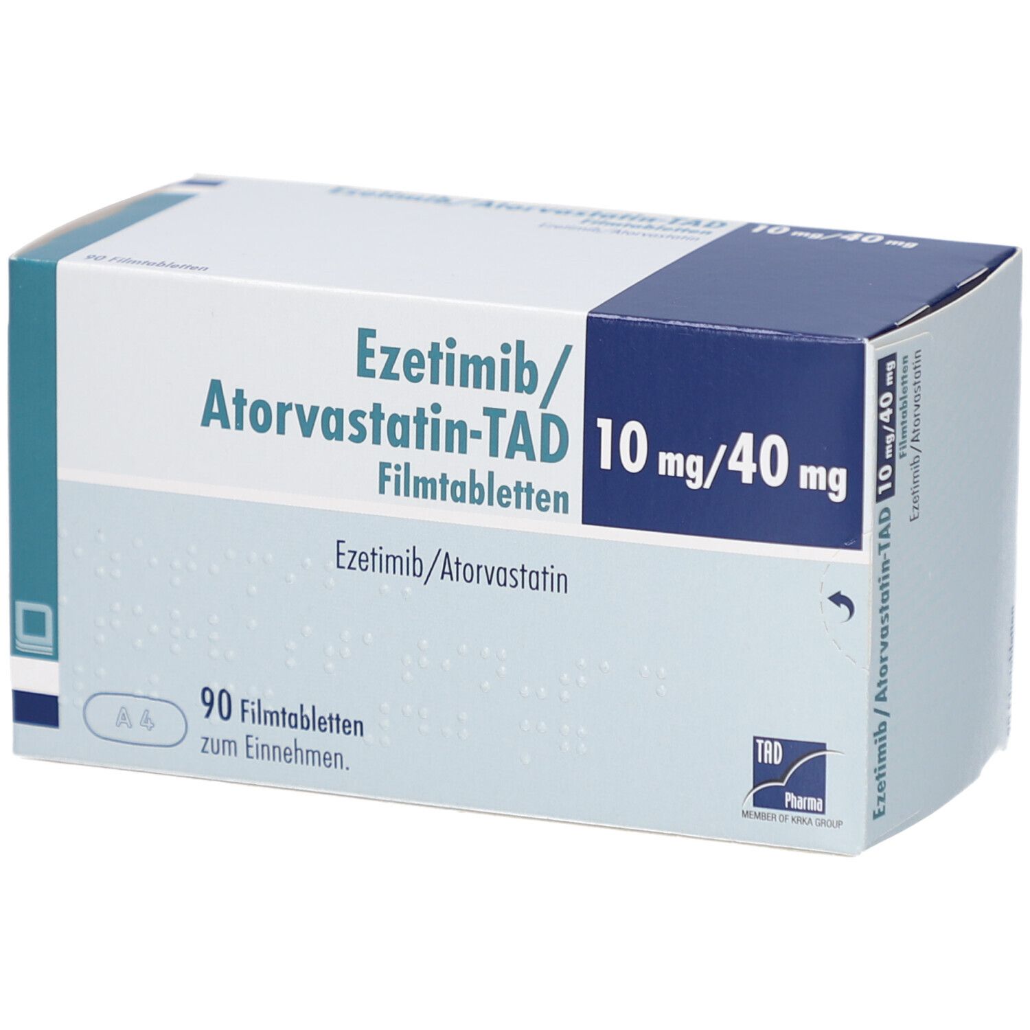 Schachtel mit EZETIMIB/Atorvastatin-TAD 10 mg/40 mg Filmtabl. Aufschrift: 90 Filmtabletten. Logo von TAD Pharma. Blau-weiße Verpackung.