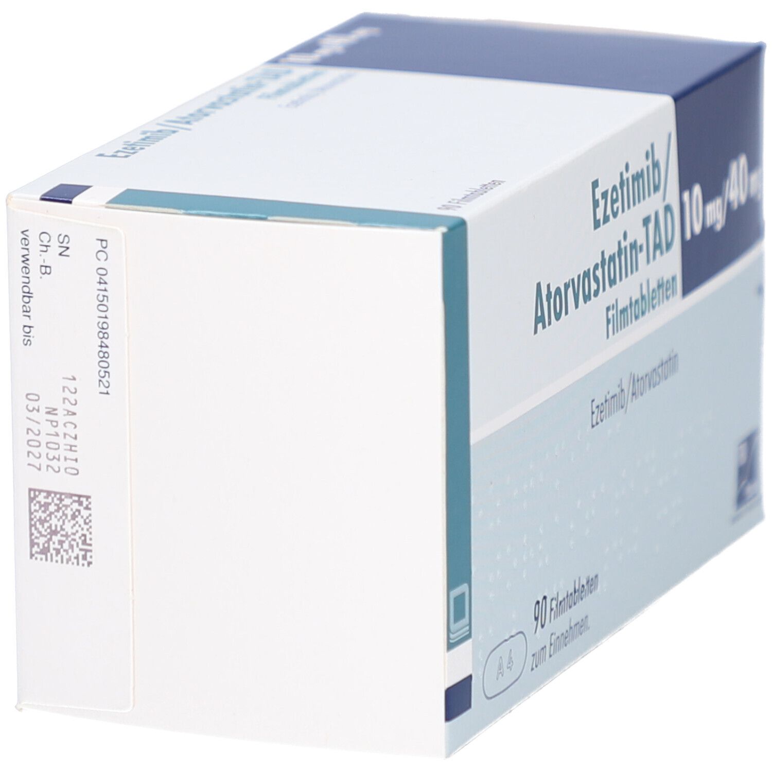Schachtel EZETIMIB/Atorvastatin-TAD 10 mg/40 mg Filmtabl. Seitenansicht. Aufdruck: Chargennummer, Verfallsdatum. Logo TAD Pharma. Blau-weiße Verpackung.