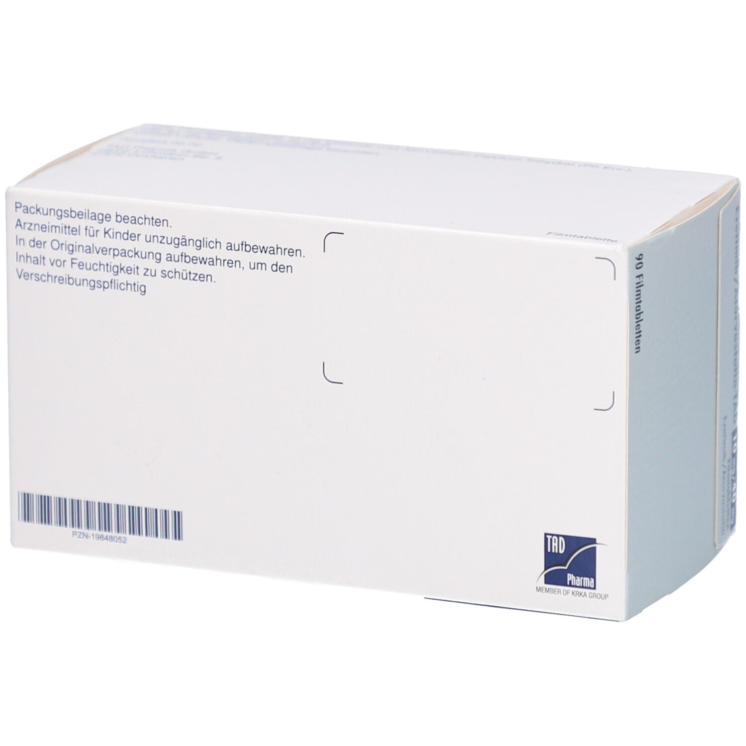 Rückseite der Schachtel EZETIMIB/Atorvastatin-TAD. Text: Packungsbeilage beachten. Logo TAD Pharma. Weiße Verpackung mit blauen Akzenten.