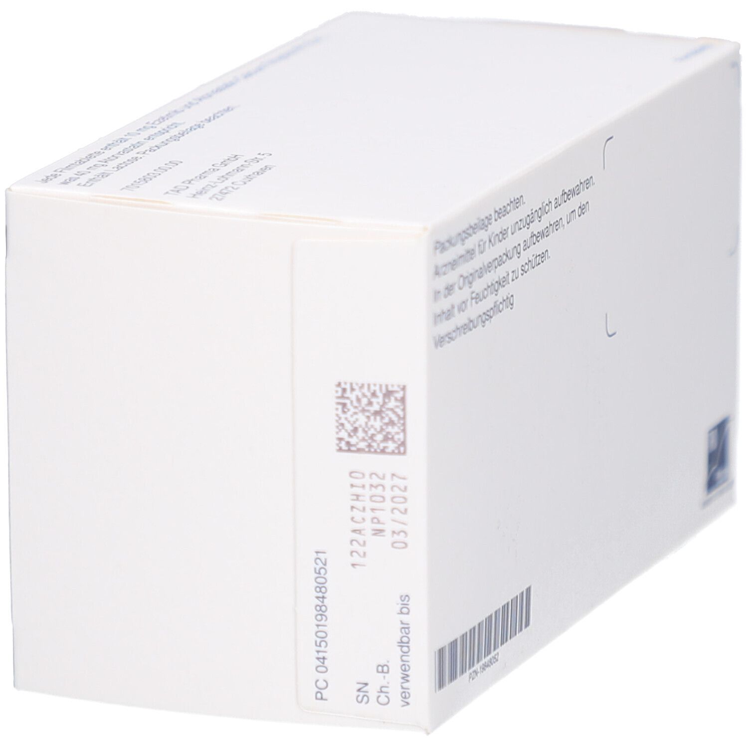 Seitenansicht der Schachtel EZETIMIB/Atorvastatin-TAD. Aufdruck: Chargennummer, Verfallsdatum. Weiße Verpackung mit blauen Akzenten.