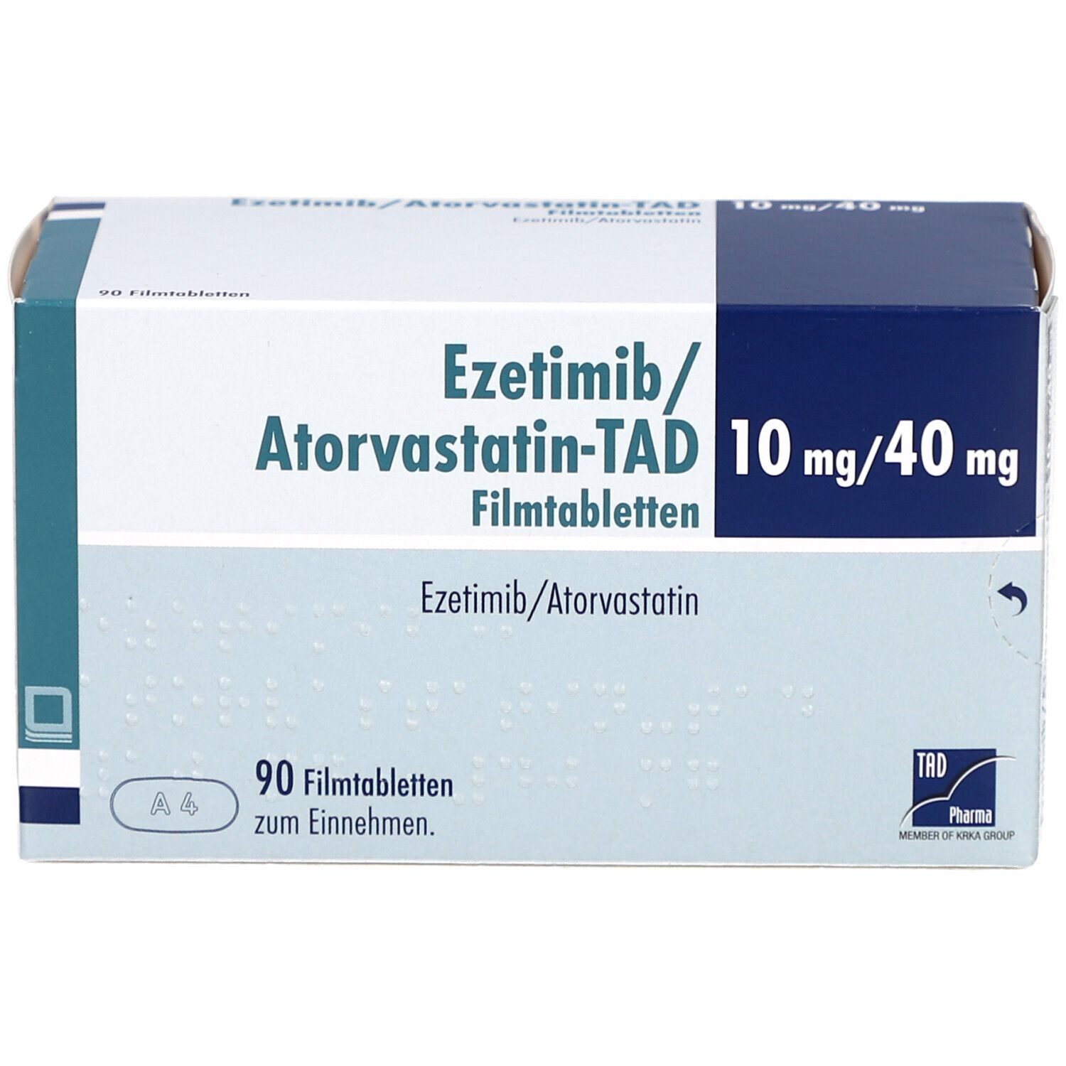 Schachtel EZETIMIB/Atorvastatin-TAD 10 mg/40 mg Filmtabl. Aufschrift: 90 Filmtabletten. Logo von TAD Pharma. Blau-weiße Verpackung.