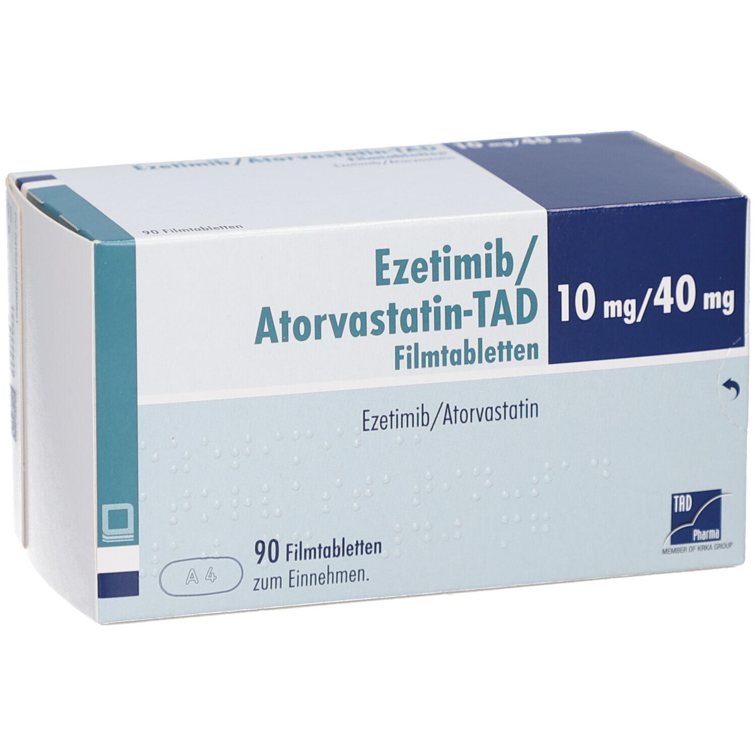 Schachtel EZETIMIB/Atorvastatin-TAD 10 mg/40 mg Filmtabl. Aufschrift: 90 Filmtabletten. Logo von TAD Pharma. Blau-weiße Verpackung.