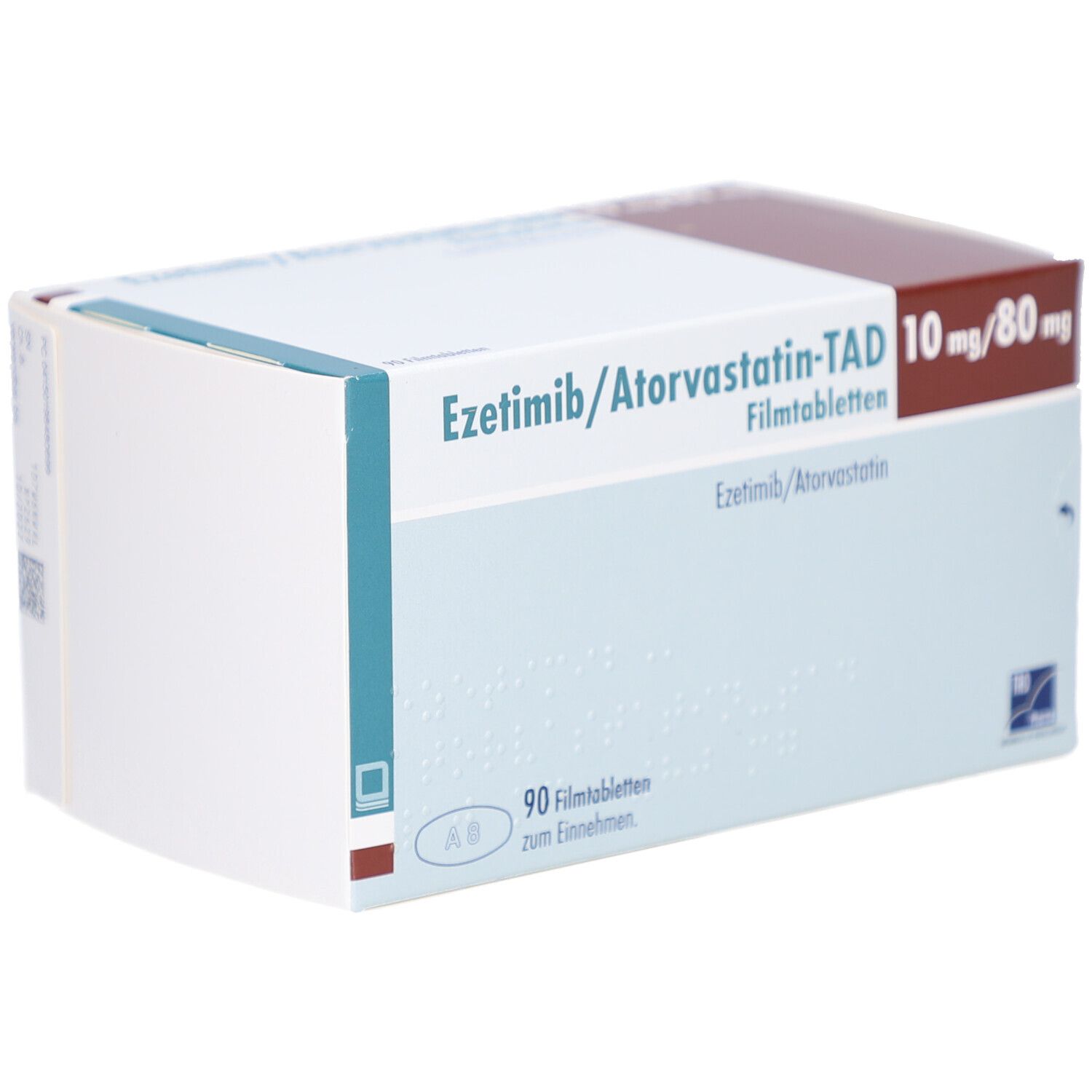 Karton mit Aufschrift Ezetimib/Atorvastatin-TAD 10 mg/80 mg Filmtabletten. 90 Filmtabletten. TAD Pharma Logo.