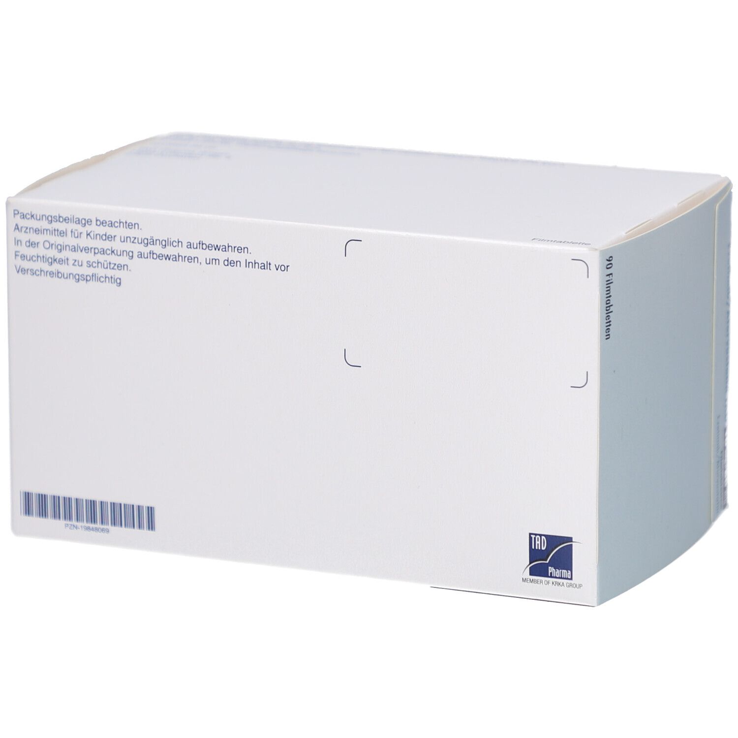 Rückseite der Medikamentenverpackung. Text: Packungsbeilage beachten. Für Kinder unzugänglich aufbewahren. In der Originalverpackung aufbewahren.