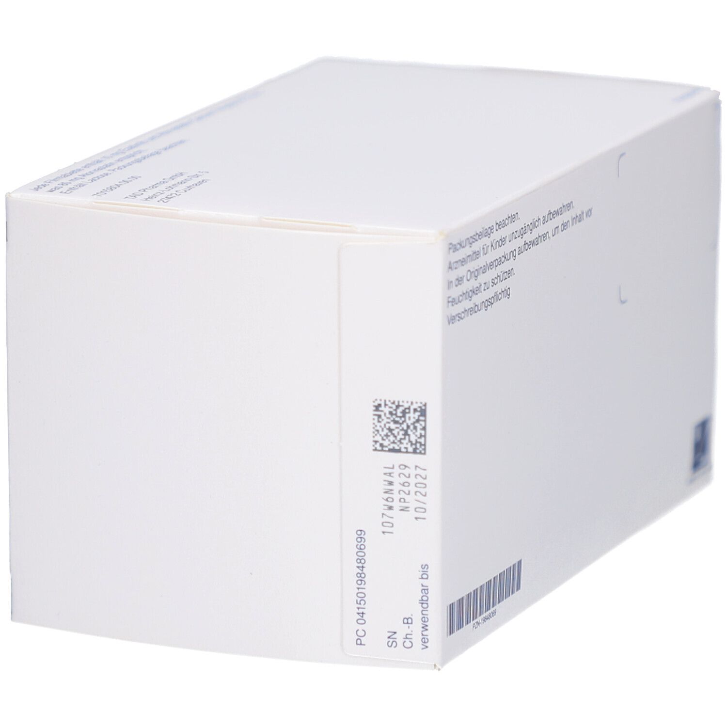 Medikamentenverpackung, Seitenansicht. Text: Chargenbezeichnung, Verwendbar bis 10/2027. Barcode und QR-Code.
