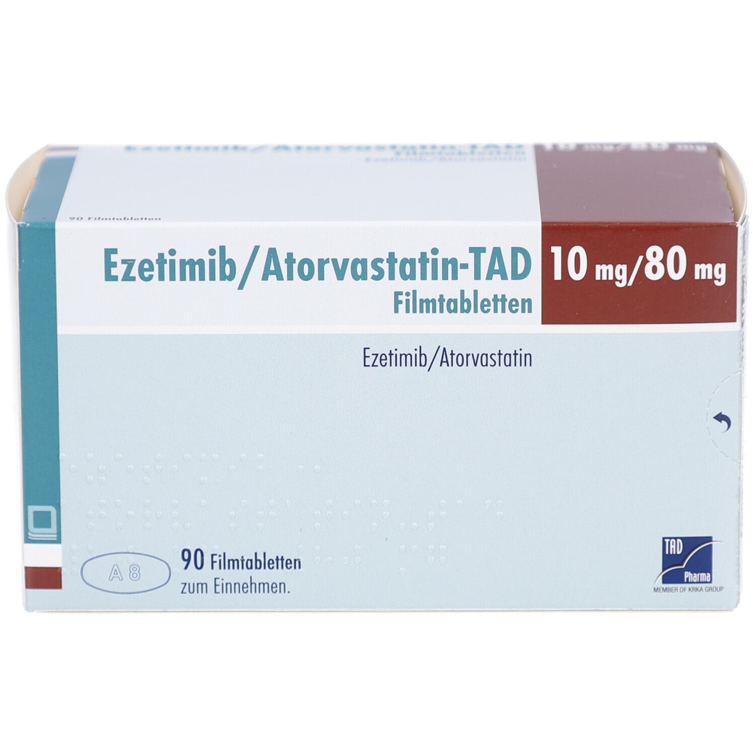 Geöffnete Medikamentenverpackung mit Aufschrift Ezetimib/Atorvastatin-TAD 10 mg/80 mg Filmtabletten. 90 Filmtabletten. TAD Pharma Logo.