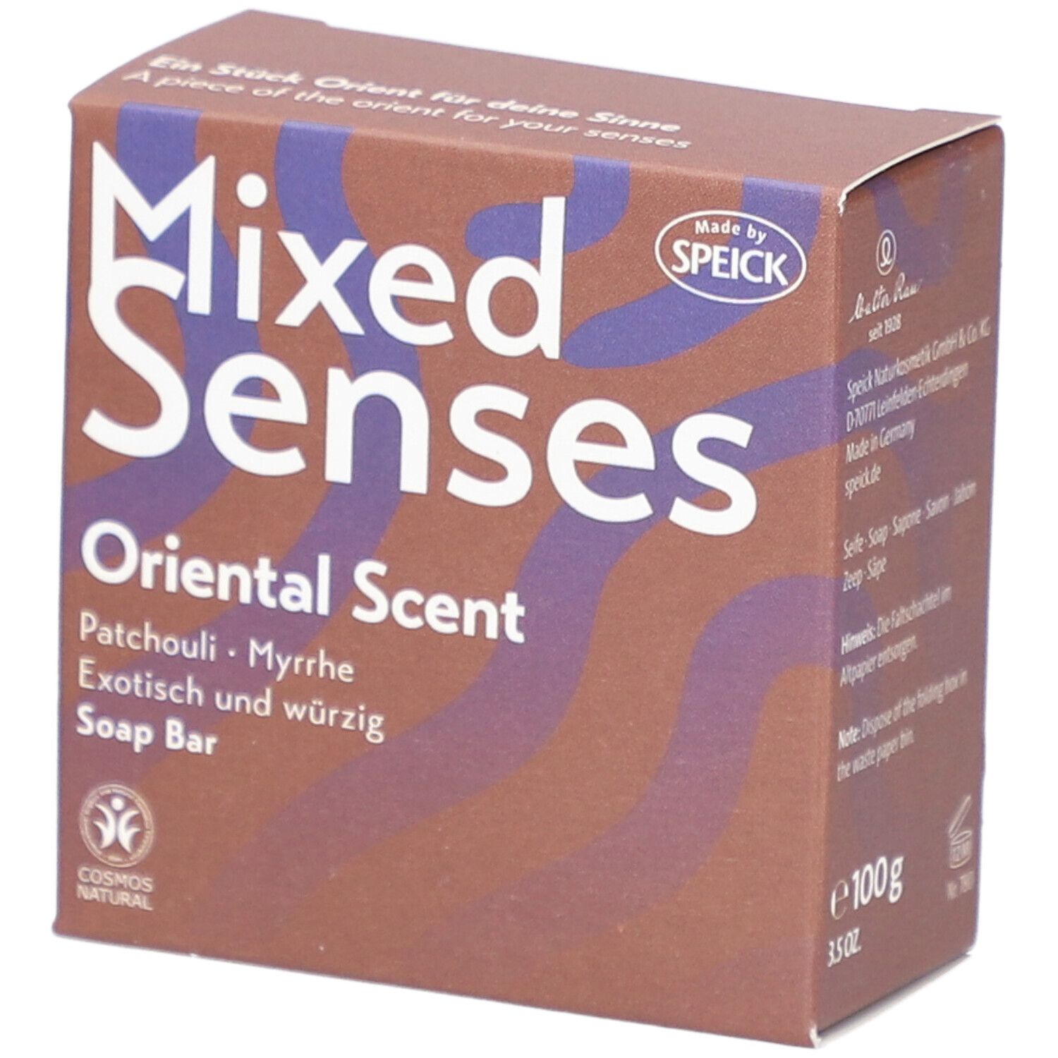 Karton mit "Mixed Senses"-Logo, "Oriental Scent" und "Patchouli & Myrrhe". Cosmos Natural-Zertifizierung.